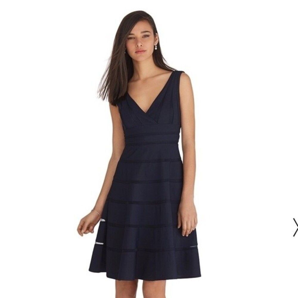 White House Black Market Women’s Midi Navy Shadow Stripe Sleeveless Dress Sz 4